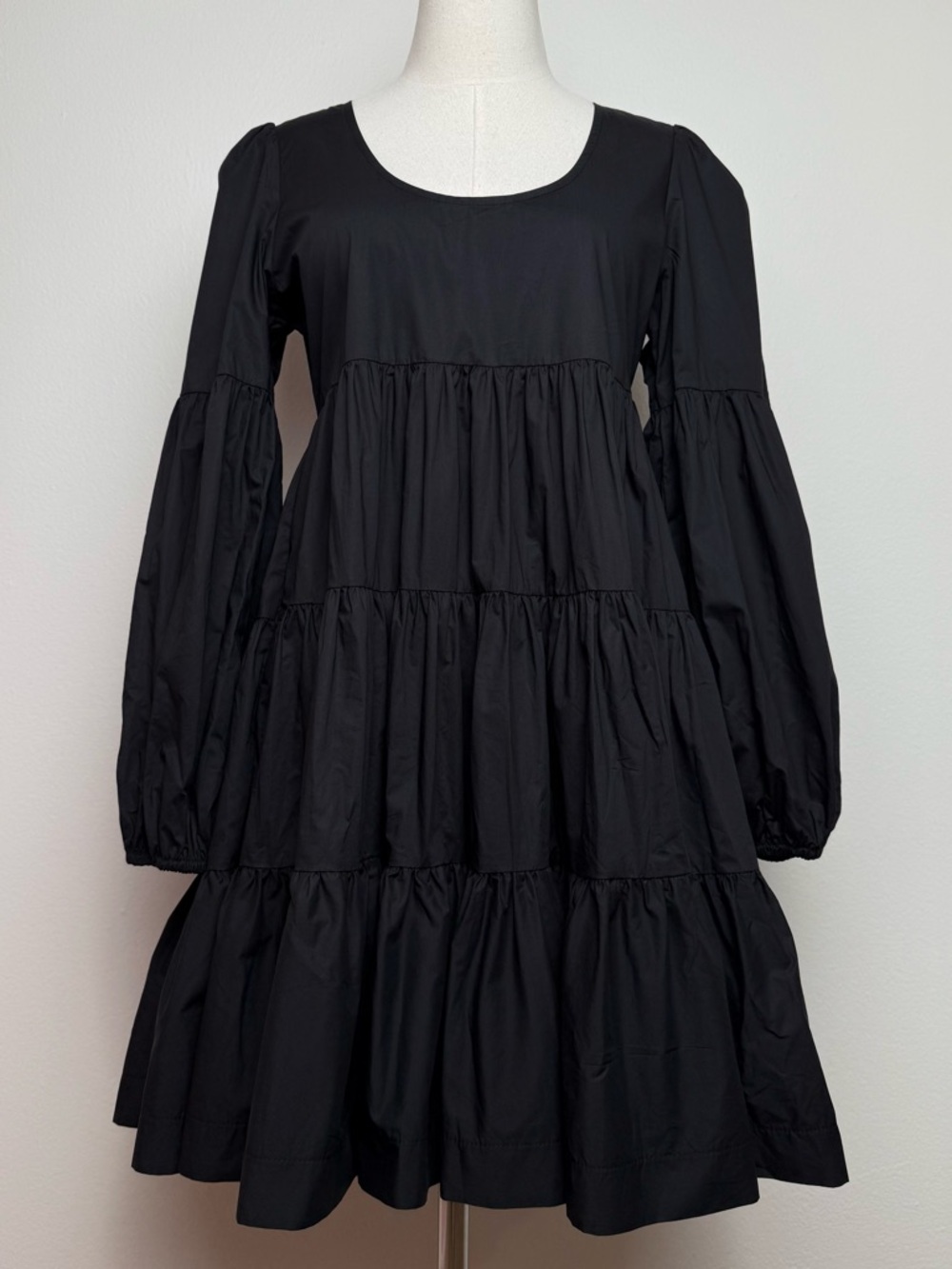 En Saison Babydoll Dress Black Tiered Puff Long Sleeve Mini Pocket Dress Small